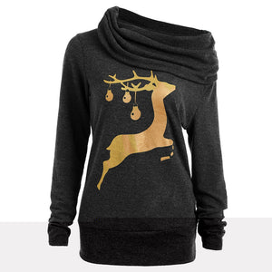 Elk Deer Print Cowl Neck Pullover Sweatshirt - JEO STORE